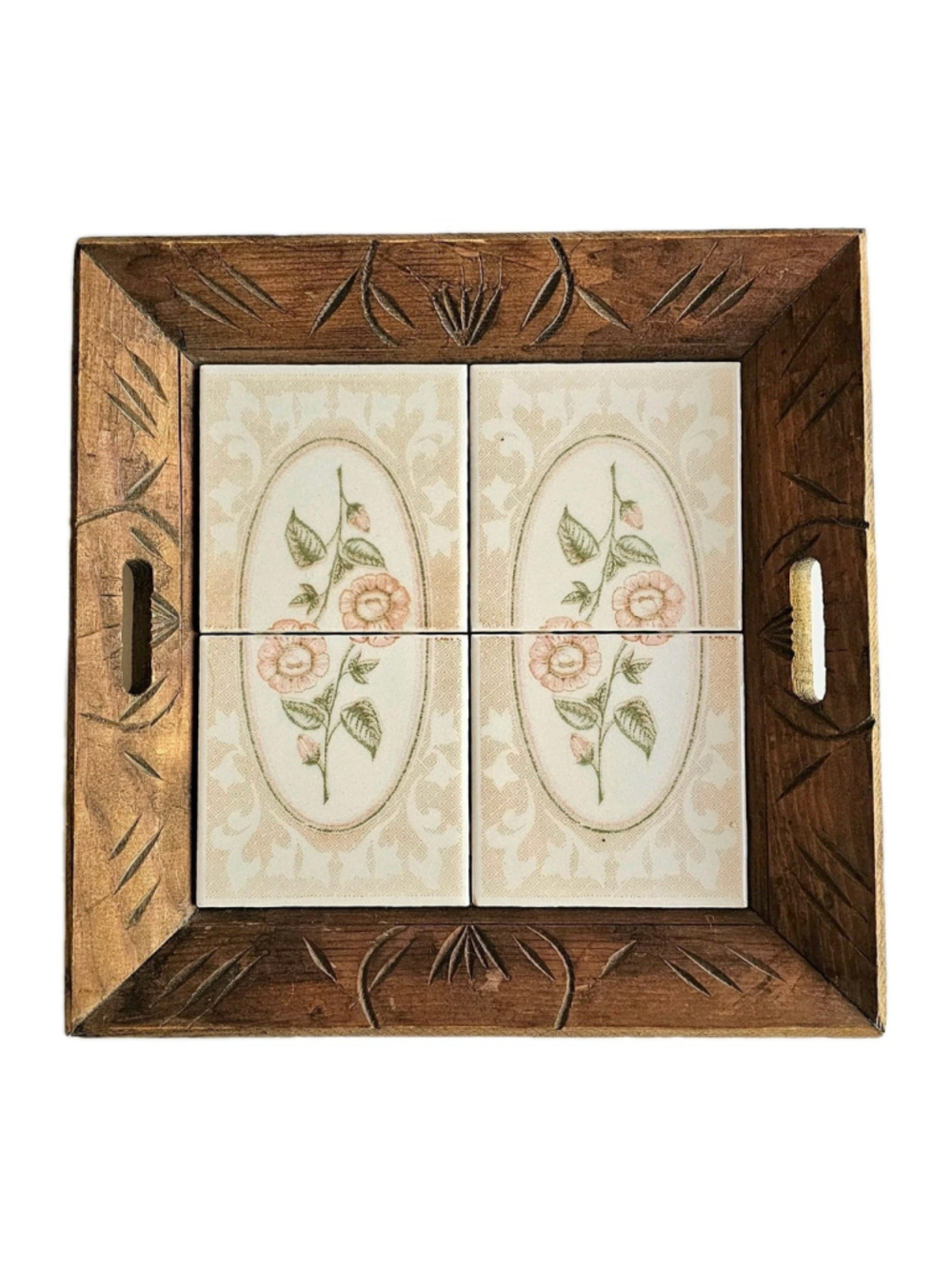 Vintage Mexican Folk Art Ceramic Tile Serving Tray Hand Carved Wood Frame 12"